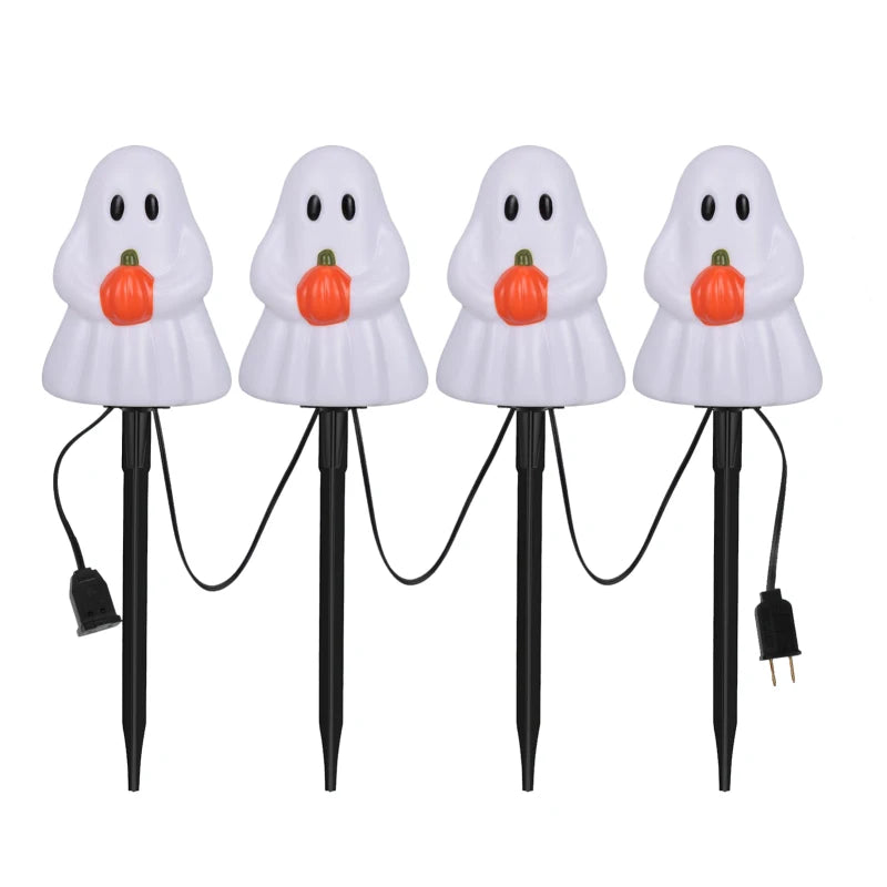 All Saints' Day 7FT Ghosts Pathway String Light – 4 White Ghost Stake Lights, Waterproof Outdoor Garden & Holiday Decoration