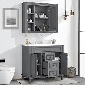 36" Bathroom Vanity Set with Integrated Resin Sink & Mirror Cabinet – Freestanding Single Basin Vanity with Storage Shelves and Drawers