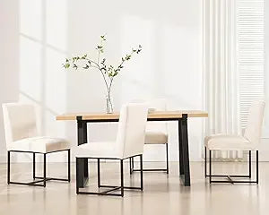 Faux Leather Upholstered Dining Chairs – Mid Century Modern Padded Kitchen Chairs with Black Metal Frame & Adjustable Foot Pads
