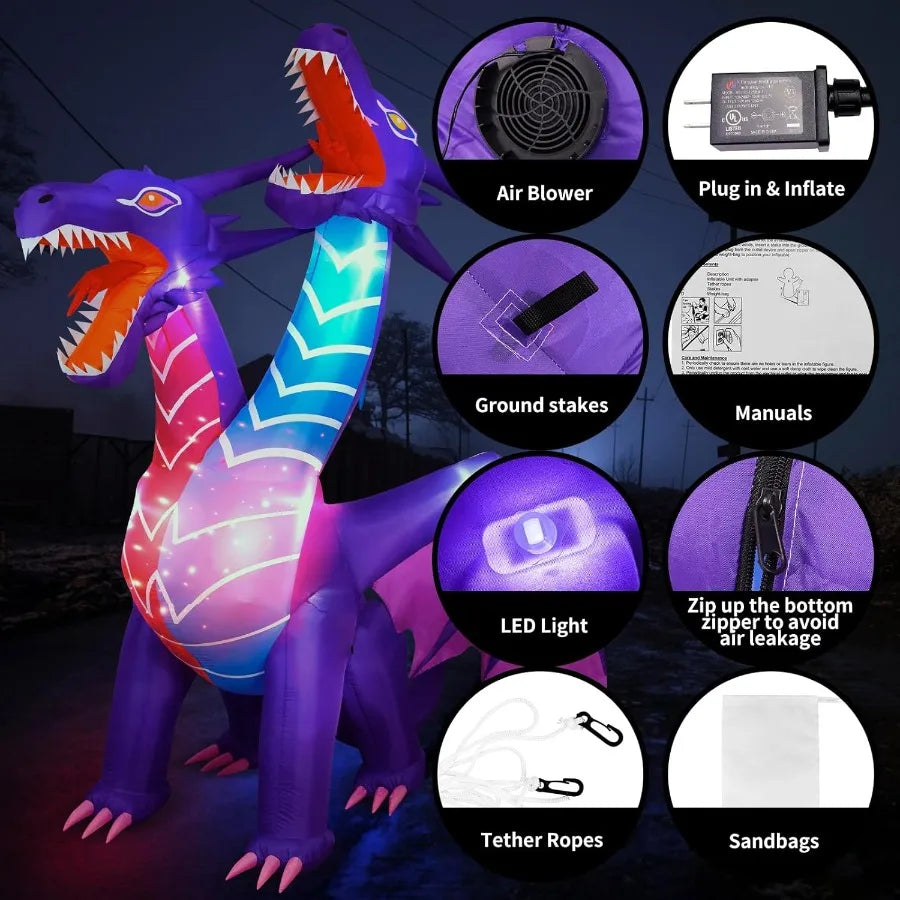 8FT Halloween Inflatable Dragon Decoration – LED Lighted Blow-Up for Outdoor & Indoor Yard, Garden, or Lawn Display