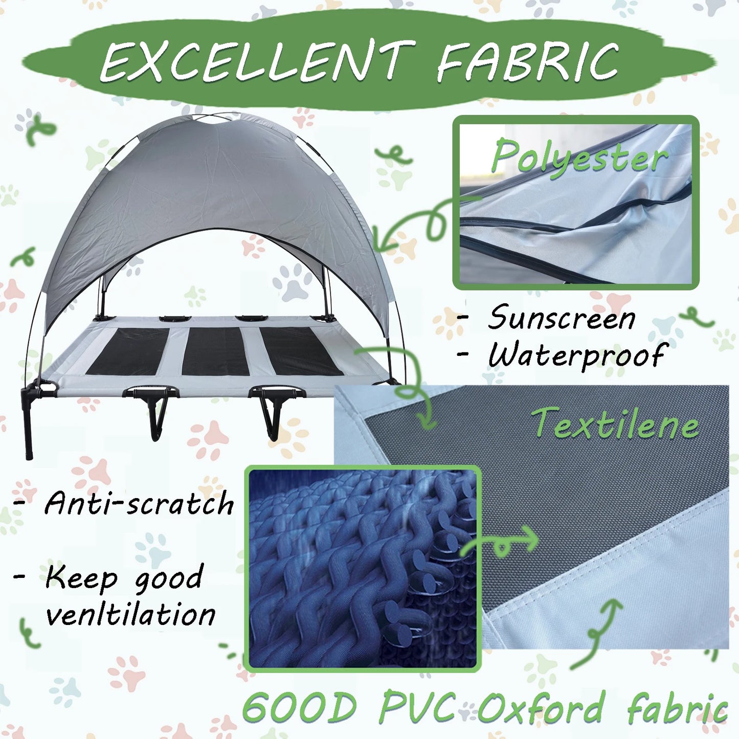 Elevated Dog Bed with Canopy – Large Portable Pet Cot with Anti-Scratch Oxford Fabric, Non-Slip Feet & Sun Shade – Indoor/Outdoor Summer Pet Lounger
