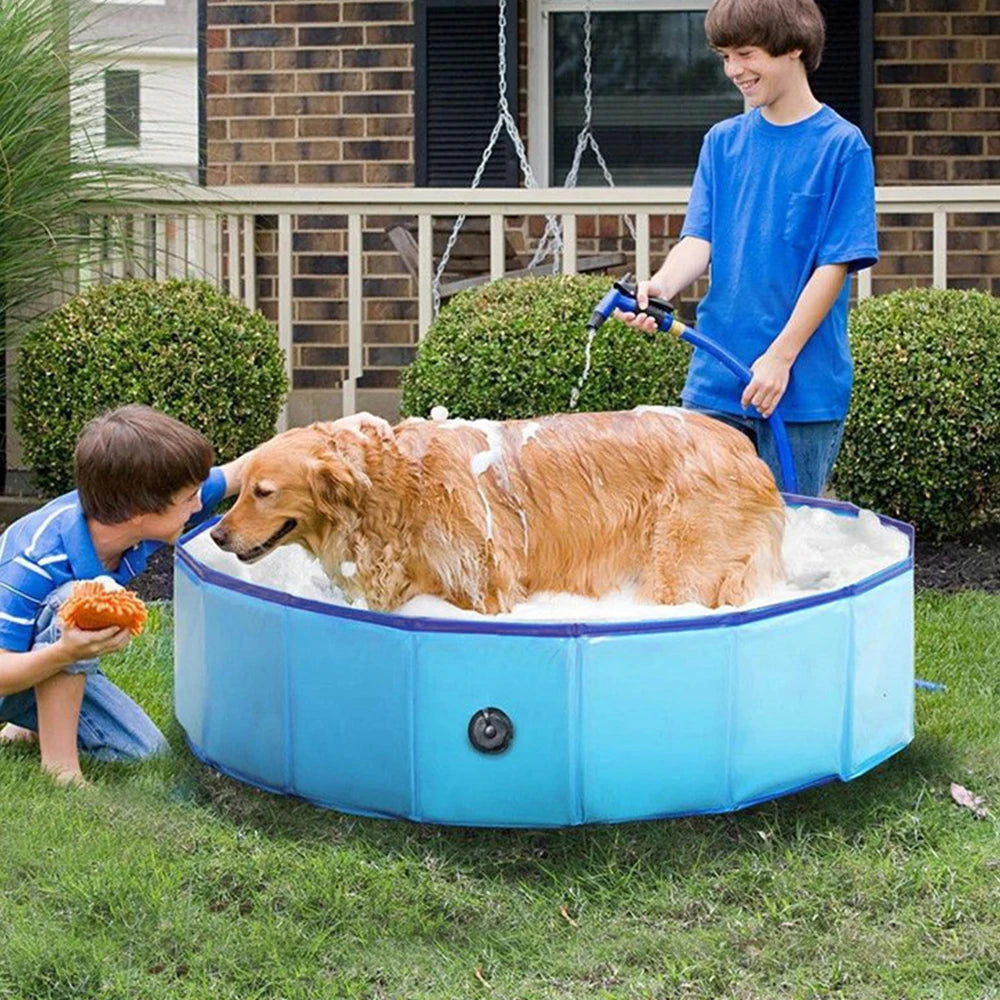 Portable Dog Swimming Pool & Bathing Tub – Foldable Plastic Pet Pool with Scratch-Resistant Material, Grooming Tub & Cover for Large Dogs