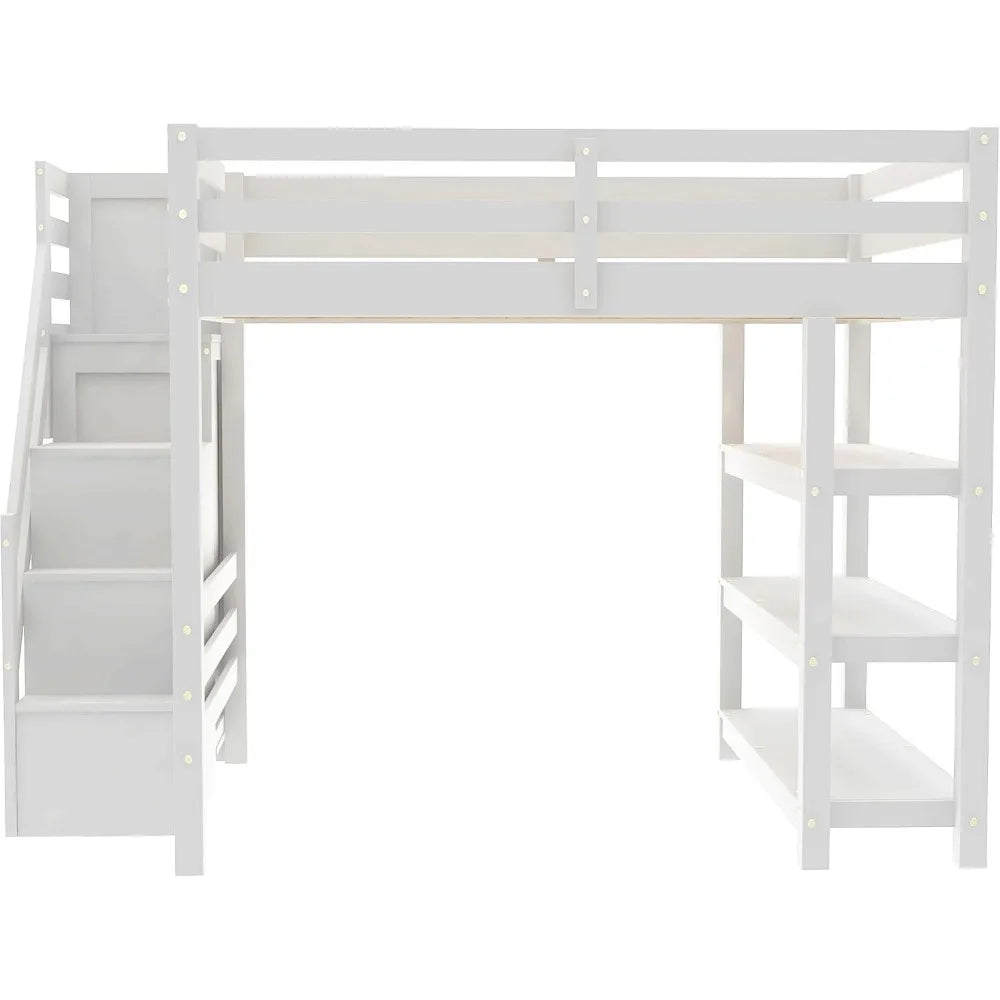 Full Size Loft Bed with Stairs, Storage Shelves & Bookshelf – Wooden Loft Bed Frame with Built-In Lights, Space-Saving Design for Kids, Teens, and Adults
