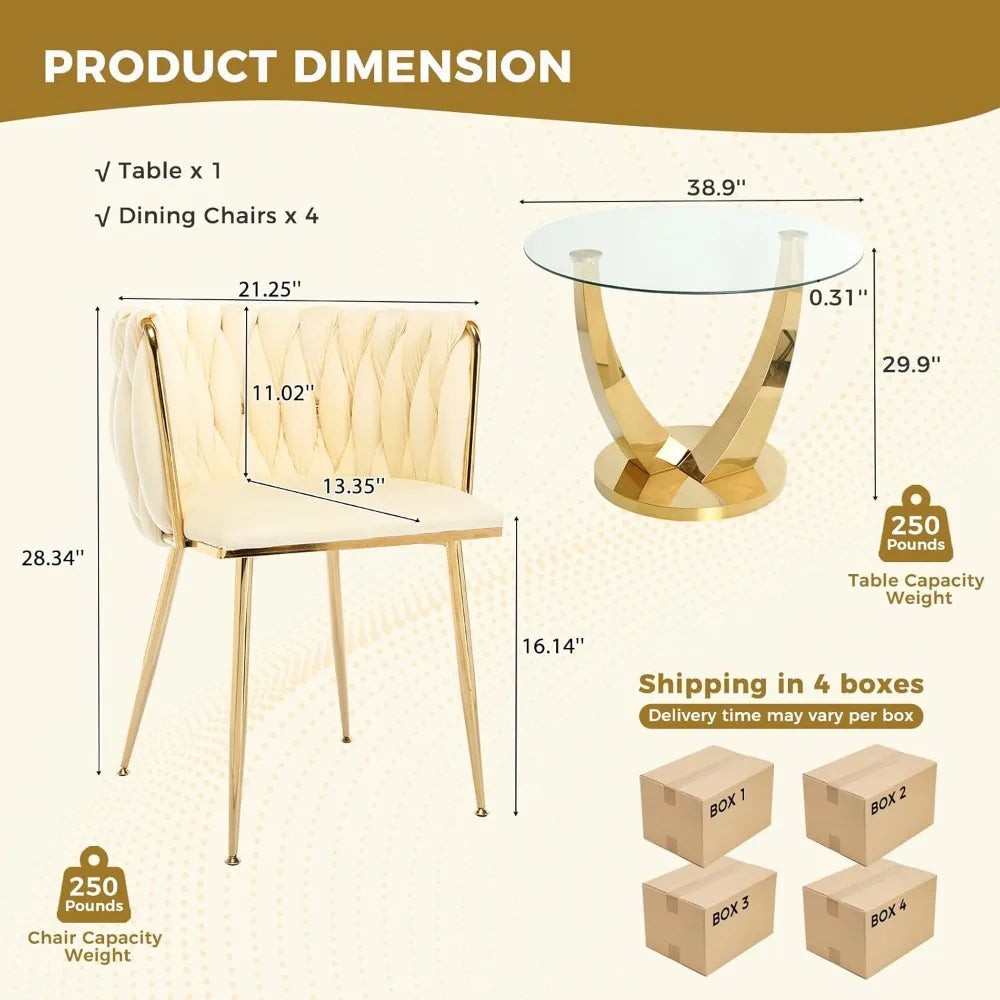 38.9" Round Dining Room Table Set for 4 – Modern Kitchen Dining Table with 4 Velvet Upholstered Chairs