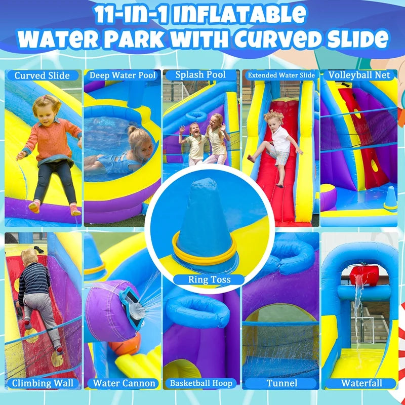 11-in-1 XL Inflatable Water Park for Kids – Giant Backyard Water Slide with Double Slides, Long Slip & Splash Zone, Climbing Wall, and More