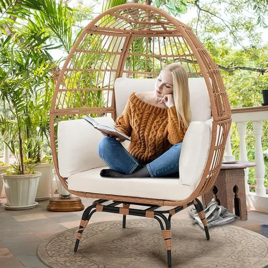 Outdoor Swivel Natural Rattan Egg Chair for Adult  with overstuffed Cushions