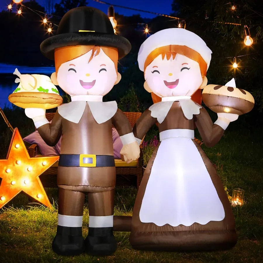 6FT LED Lighted Inflatable Pilgrim Boy and Girl – Thanksgiving Outdoor Yard Decoration for Fall & Holiday Season