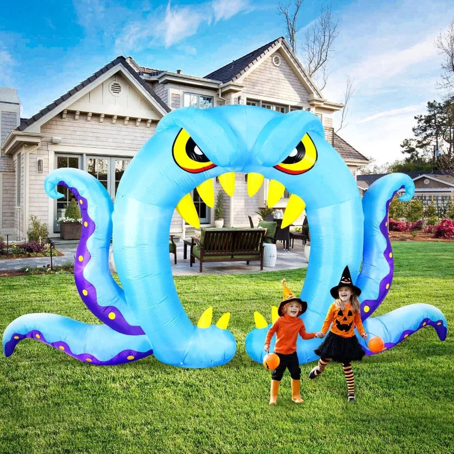 16FT Long x 8FT Tall Halloween Inflatable Blue Monster Octopus Archway – LED Lighted Blow-Up Decoration for Outdoor Holiday Parties, Yard & Garden