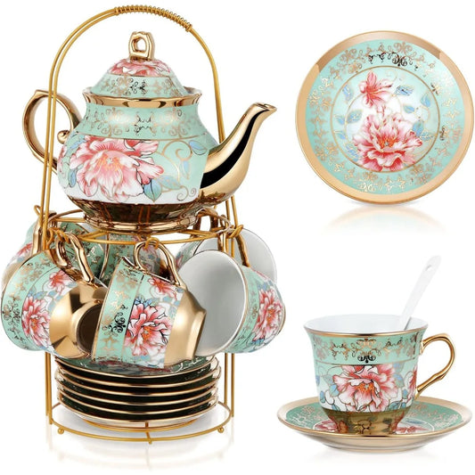 Elegant Ceramic Tea Party Set for Adults – European Floral Teapot, Teacup, Saucer & Spoon Set – Large Fresh Style