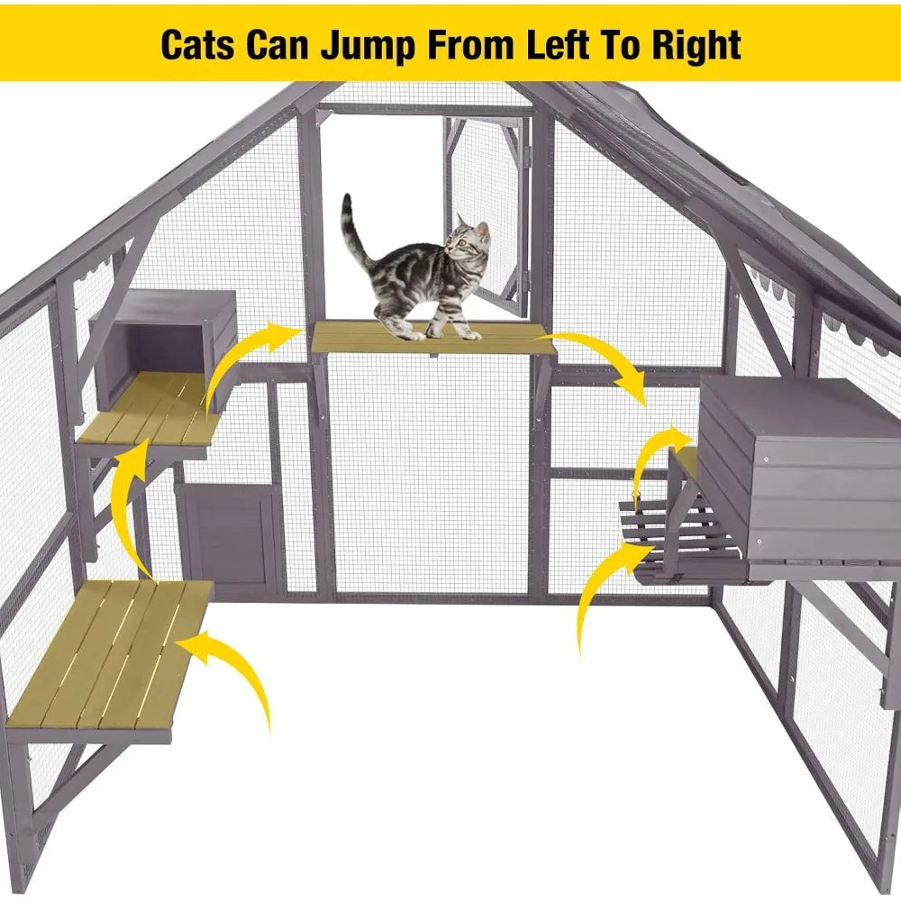 Outdoor Cat Catio Enclosure – Large Cat Run with Bridges, Walkways & Cozy Hideouts | Weather-Resistant Cat Playhouse for Multiple Cats
