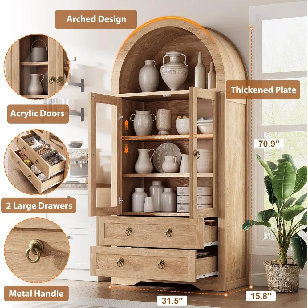 Upgraded Kitchen Pantry Cabinet with Arched Bookshelf – Storage Cabinet with Doors for Kitchen, Dining Room, or Living Room