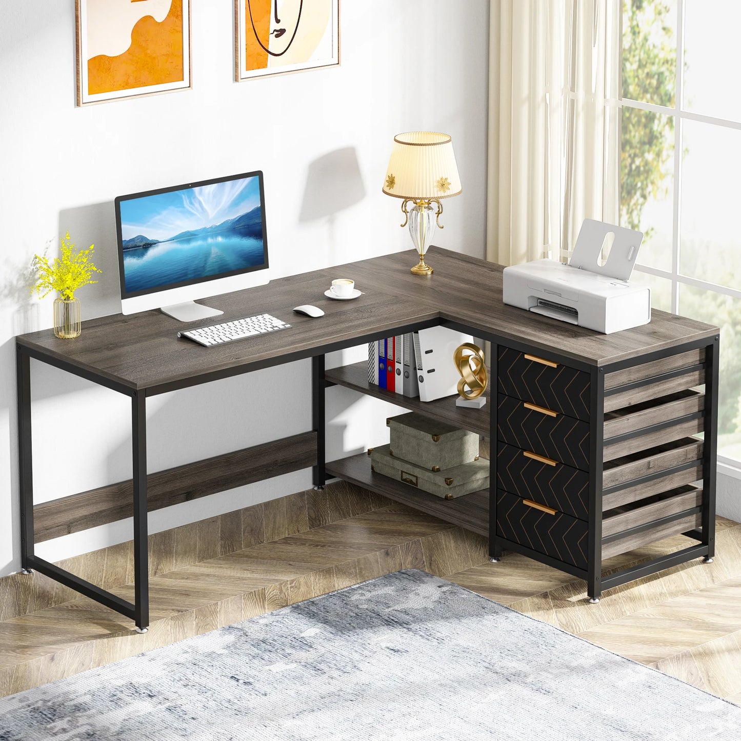 Tribesigns 59" L-Shaped Computer Desk – Reversible Corner Desk with Storage Drawers & Shelves
