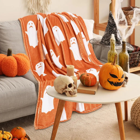 4 Pcs Fall Throw Blankets – Soft Warm Autumn Flannel with Pumpkin, Maple, Plaid & Little Ghost Patterns, Cozy for Thanksgiving & Halloween