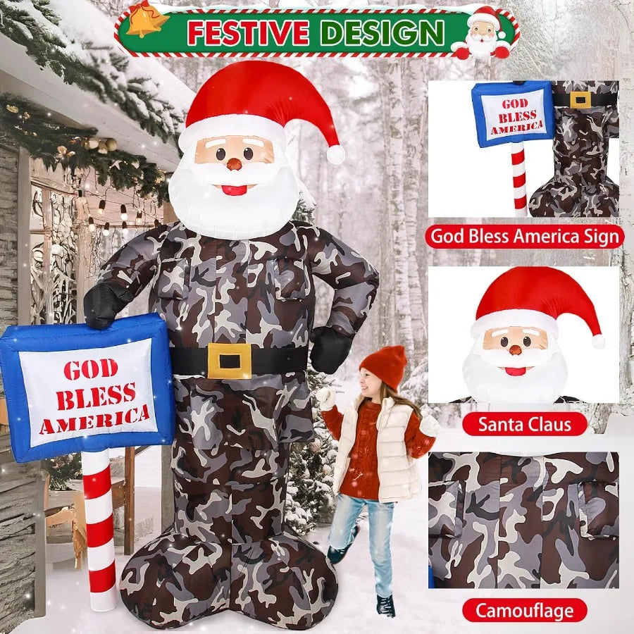 7FT Giant Inflatable Camouflage Santa Claus with Built-in LED Lights – Outdoor Christmas Decoration