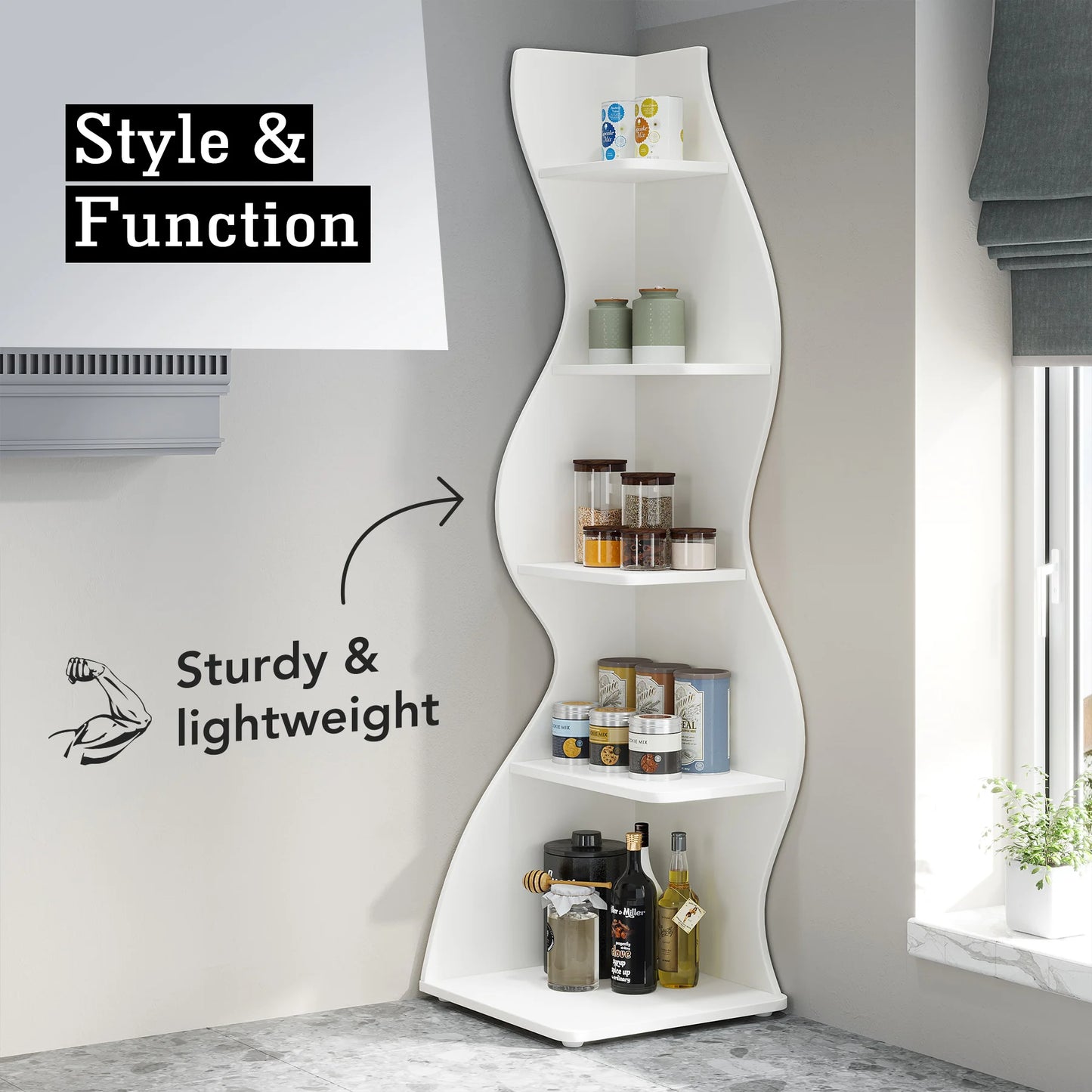 Modern 5-Tier White Corner Shelf – Stylish Sea Grass-Inspired Design, Adjustable Shelves for Home & Office Storage