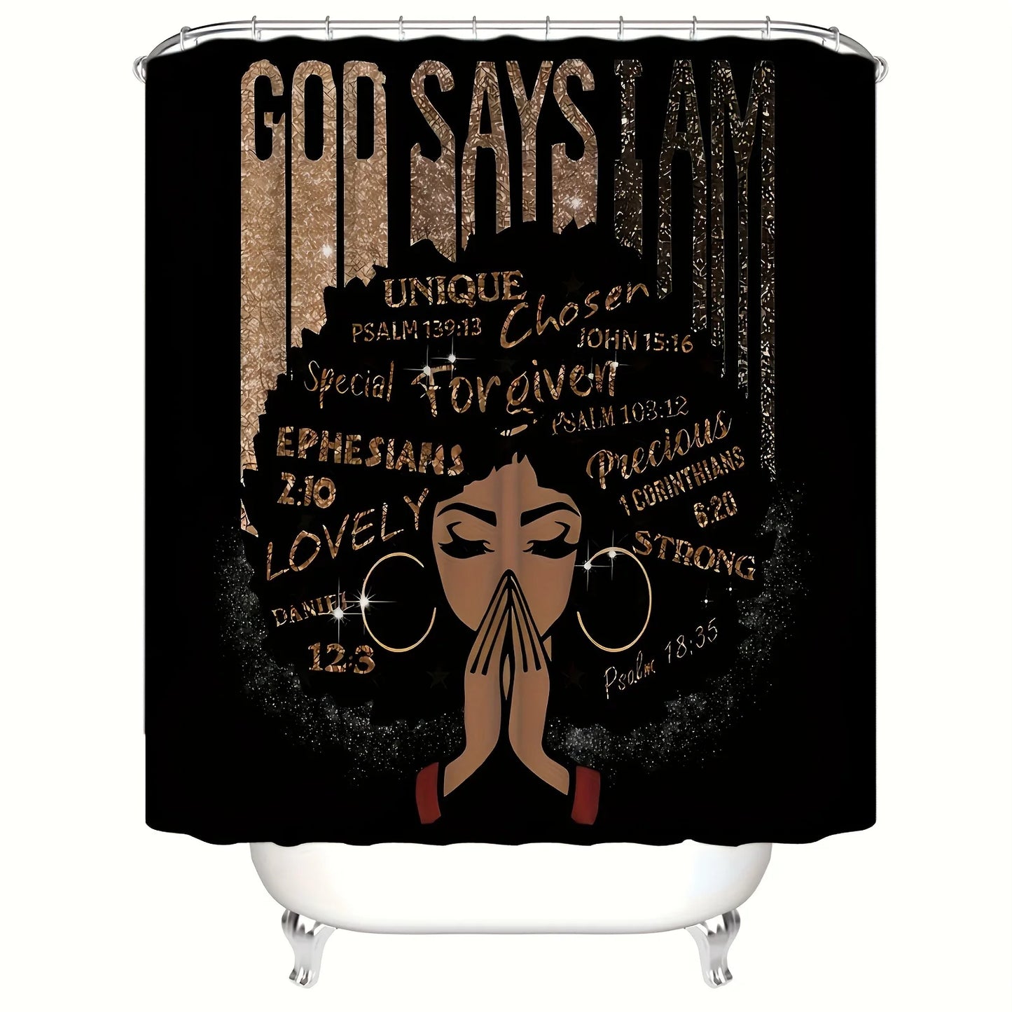 4PCS African-American Woman Shower Curtain Set with 12 Hooks – Non-Slip Bathroom Mat, U-Shaped Toilet Rug & Lid Cover