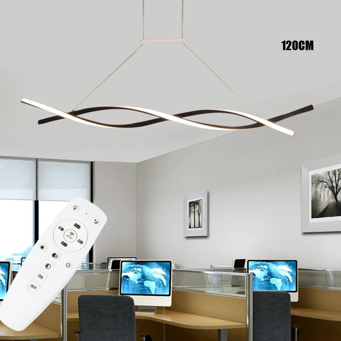 Modern Black LED Pendant Light – Remote Control Dimmable Ceiling Fixture for Dining Room, 46W, Adjustable Height