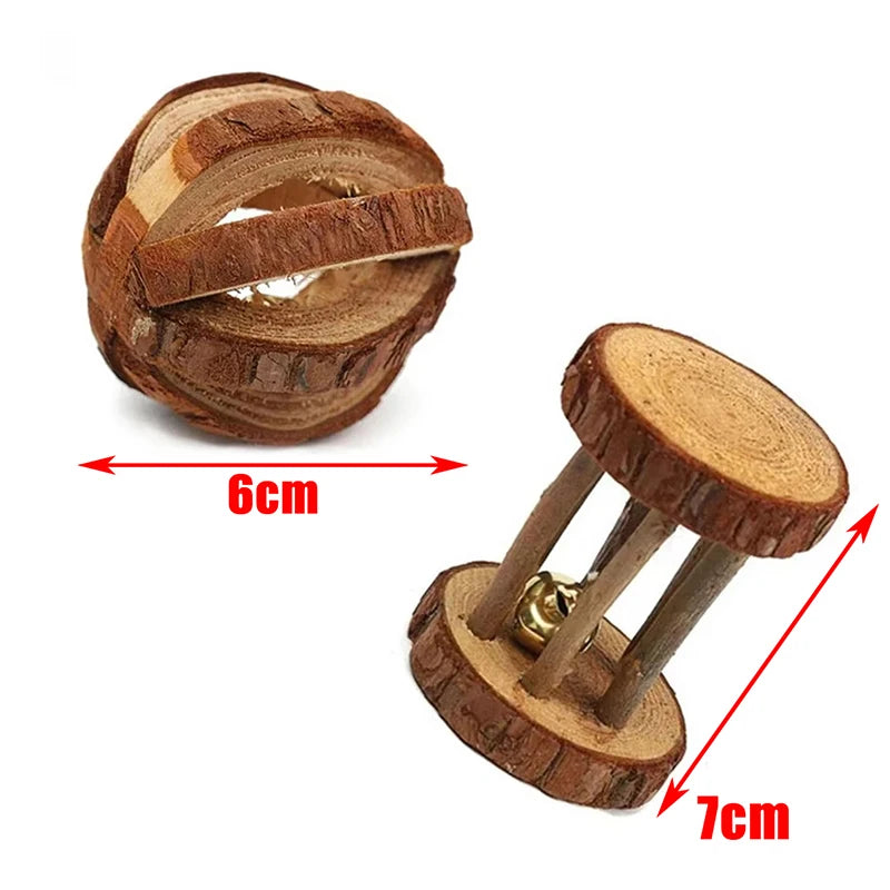 Natural Wooden Small Animal Toy Set – Chew Toys for Guinea Pigs, Rabbits, Hamsters | Dumbbells, Unicycle, Bell, Braided Balls & More