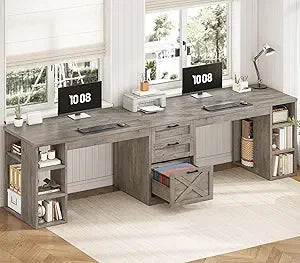 Farmhouse 96.5" Computer Desk with Drawers – Spacious Double Desk for 2 People with Storage Shelves – Long Home Office & Gaming Workstation