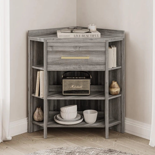 USB Type A/C Outlet Corner Table with 1 Storage Drawer & 8 Shelves – Gray
