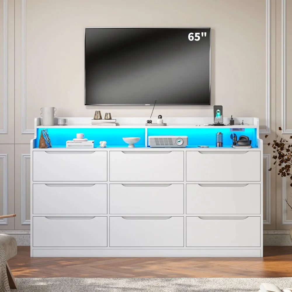 Wooden 9 Drawer Dressers for Bedroom with LED Light