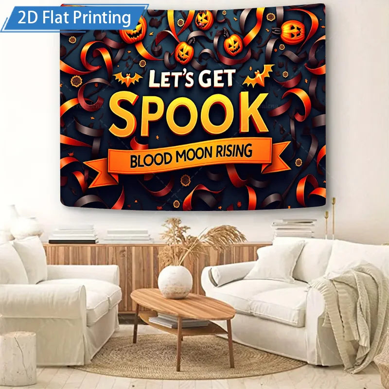 Halloween Wall Tapestry – Spooky Blood Moon Rising with Pumpkin & Bat Design, Gothic Holiday Décor for Home, Bedroom, or Party