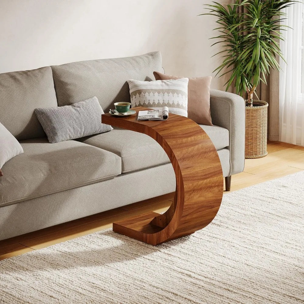 C-Shaped End Table Set of 2 – Rustic Walnut Side Tables for Couch, Small Space Living Room & Bedroom, Easy Assembly