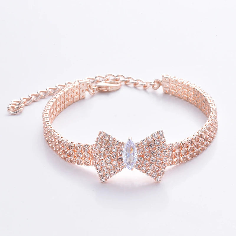 Zircon Bow Tie Dog & Cat Collar – Rose Gold Adjustable Pet Necklace with Lobster Clasp & Gift Box | Elegant All-Season Accessory