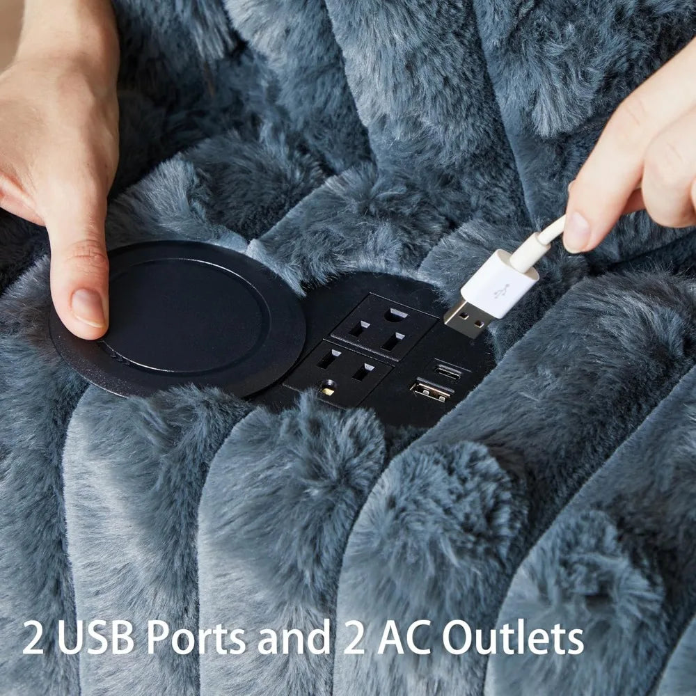 63" Plush Faux Rabbit Fur Corduroy Chaise Loveseat – USB Charging Station, Cup Holder & Pillows Included