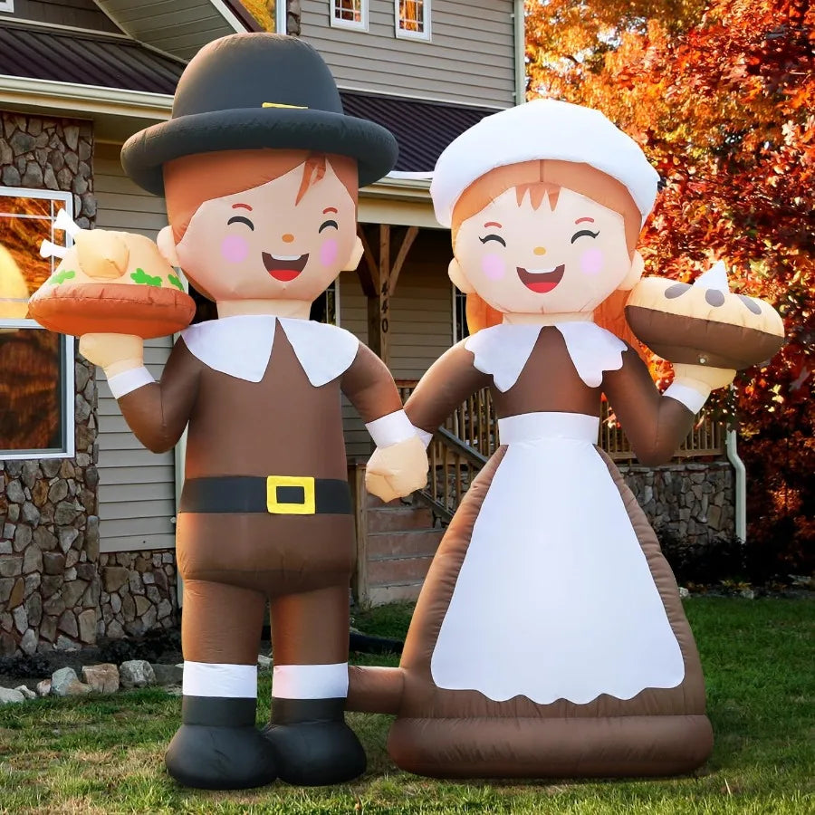 6FT LED Lighted Inflatable Pilgrim Boy and Girl – Thanksgiving Outdoor Yard Decoration for Fall & Holiday Season