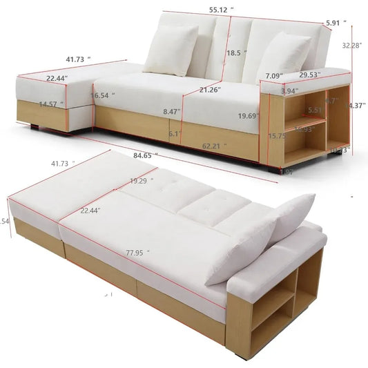 Convertible Sofa Bed with Storage Ottoman, Adjustable Armrest & Coffee Table