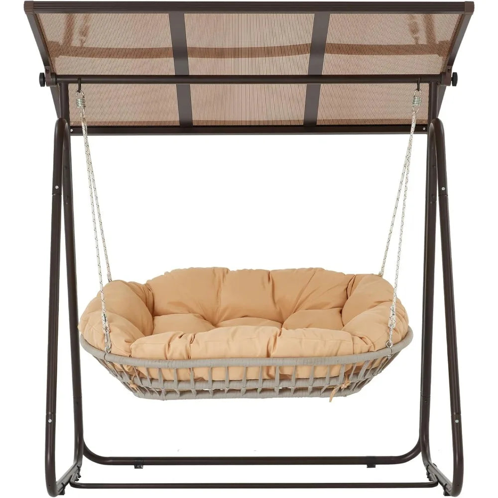 2-Person Outdoor Porch Swing with Adjustable Hardtop Canopy & 5.9" Thick Cushions – Weather-Resistant Rattan Patio Swing Chair