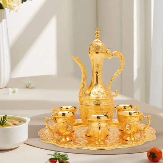 6-Piece Vintage Turkish Tea Set with Tray & Teapot – Large Capacity, Multi-Functional Metal Set for Tea, Coffee, or Wine (Gold)