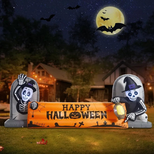 10FT Large Halloween Inflatable Skeleton Tombstone Banner – LED Lighted Blow-Up Decoration for Outdoor Holiday Party & Garden Display