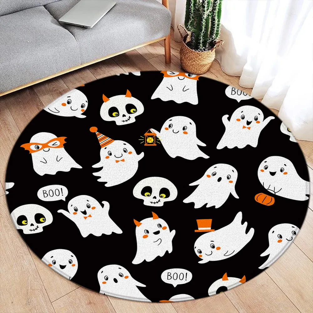 Cartoon Halloween Round Carpet – Cute Ghost, Pumpkin, Black Cat & Bat Rug for Living Room & Bedroom Decor