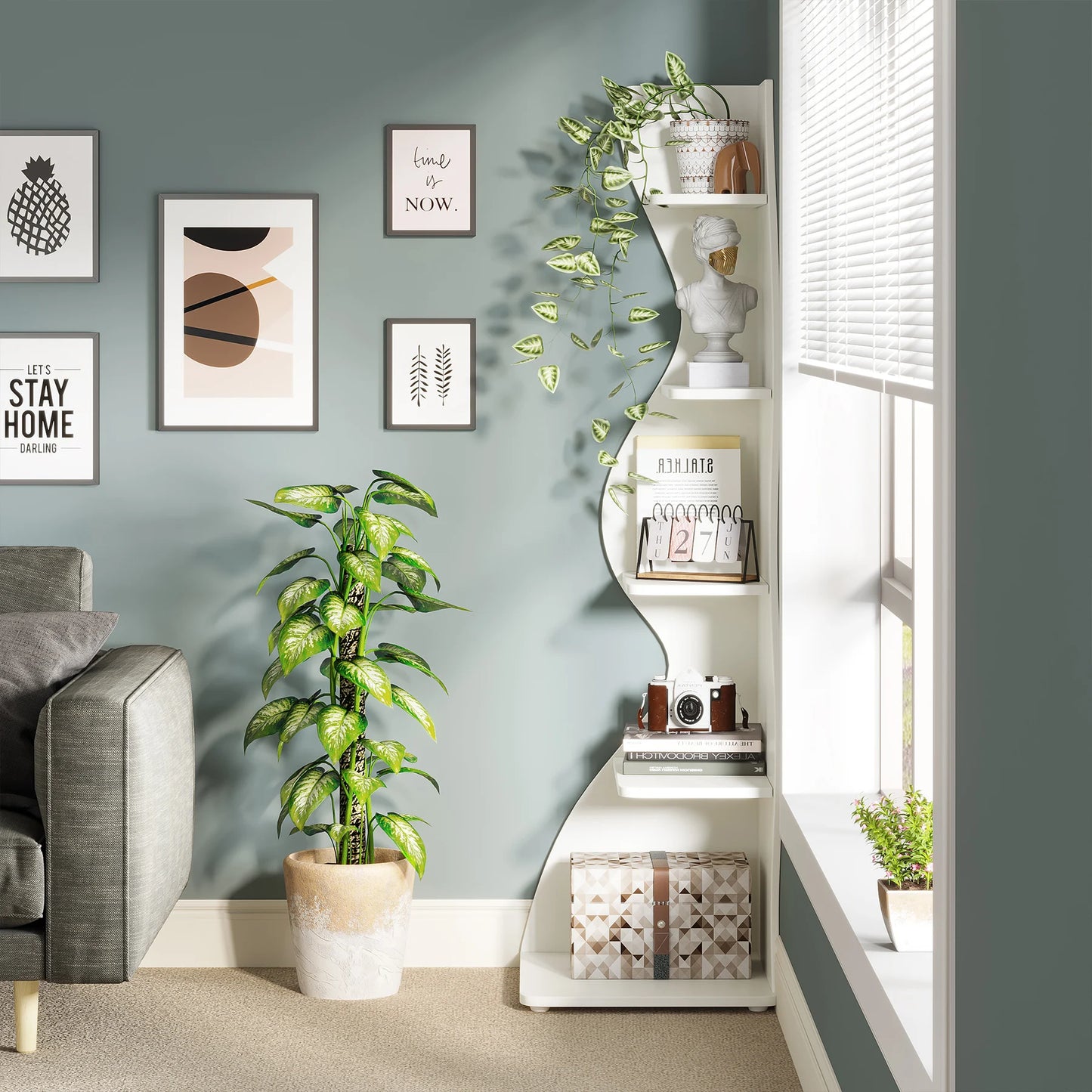 Modern 5-Tier White Corner Shelf – Stylish Sea Grass-Inspired Design, Adjustable Shelves for Home & Office Storage