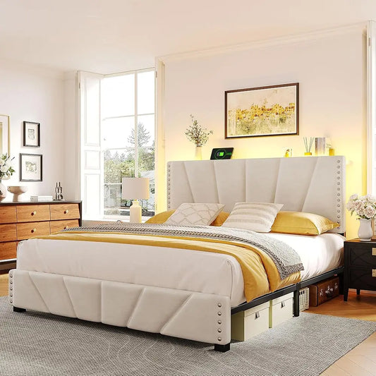 LED Velvet Bed Frame with Storage Headboard & Charging Station – Modern Upholstered Platform Bed with Sturdy Wood Slats, No Noise, Easy Assembly
