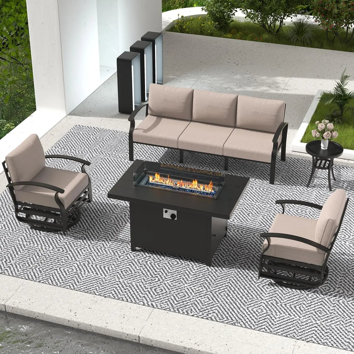 Aluminum Patio Furniture Set with Fire Pit Table – Swivel Chair Metal Sectional Sofa with Upgraded Cushions for Outdoor Patio, Deck, or Backyard