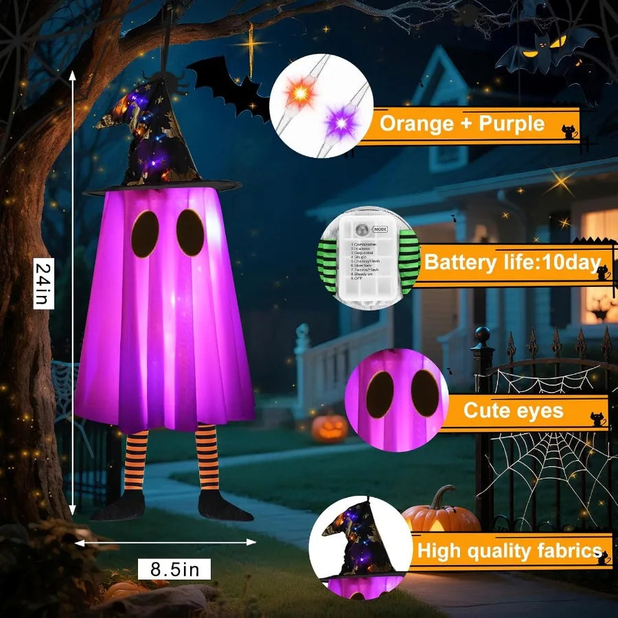 6P Lights Up Hanging Ghosts Halloween Decorations Outdoor Purple Orange Timer IP65 Waterproof Battery Operated Halloween Lights