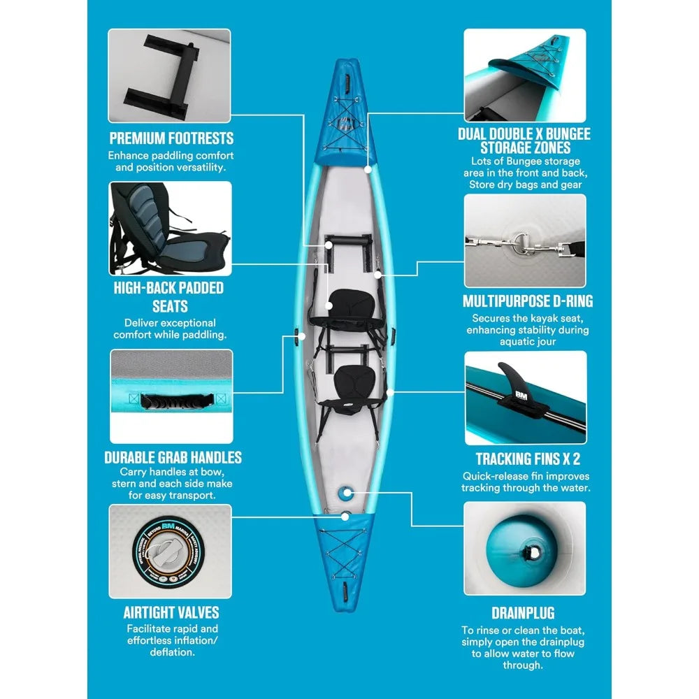 Inflatable Kayak for 1, 2, or 3 Adults – Full Drop-Stitch Touring Kayak with Aluminum Paddles, Adjustable Seats, Footrests, Pump & Fins