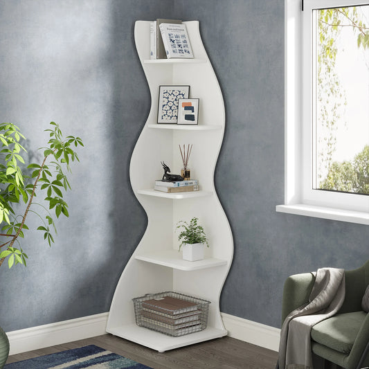 Modern 5-Tier White Corner Shelf – Stylish Sea Grass-Inspired Design, Adjustable Shelves for Home & Office Storage