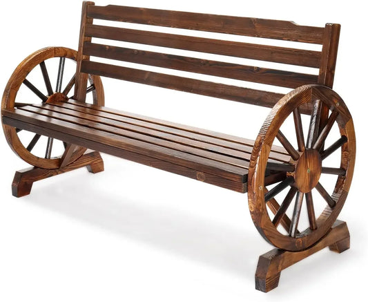 Outdoor Rustic Wooden Bench with Wagon Wheel Arms – 3-Person Garden Bench for Patio, Porch, Lawn & Yard Furniture