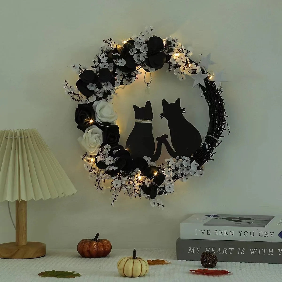 Black Cat Crescent Wreath – Spooky Halloween Front Door & Window Decor for Home, Party, or Holiday Display