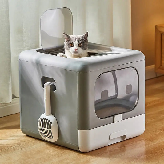 Enclosed Foldable Cat Litter Box with Scoop and Tray