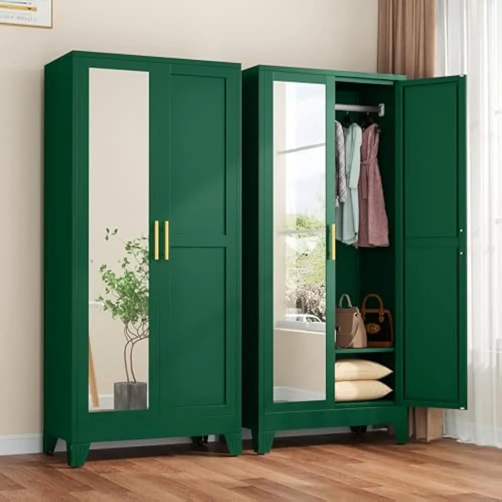 71" Metal Armoire Wardrobe with 2 Mirrored Doors – Adjustable Shelves, Hanging Rod & Safety Anchor | Modern Storage Cabinet for Bedroom, Office & Laundry Room