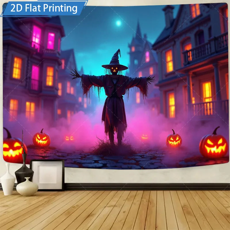 Halloween Wall Tapestry – Spooky Haunted House with Ghosts & Pumpkins, Seasonal Wall Hanging Décor for Home, Bedroom, or Party