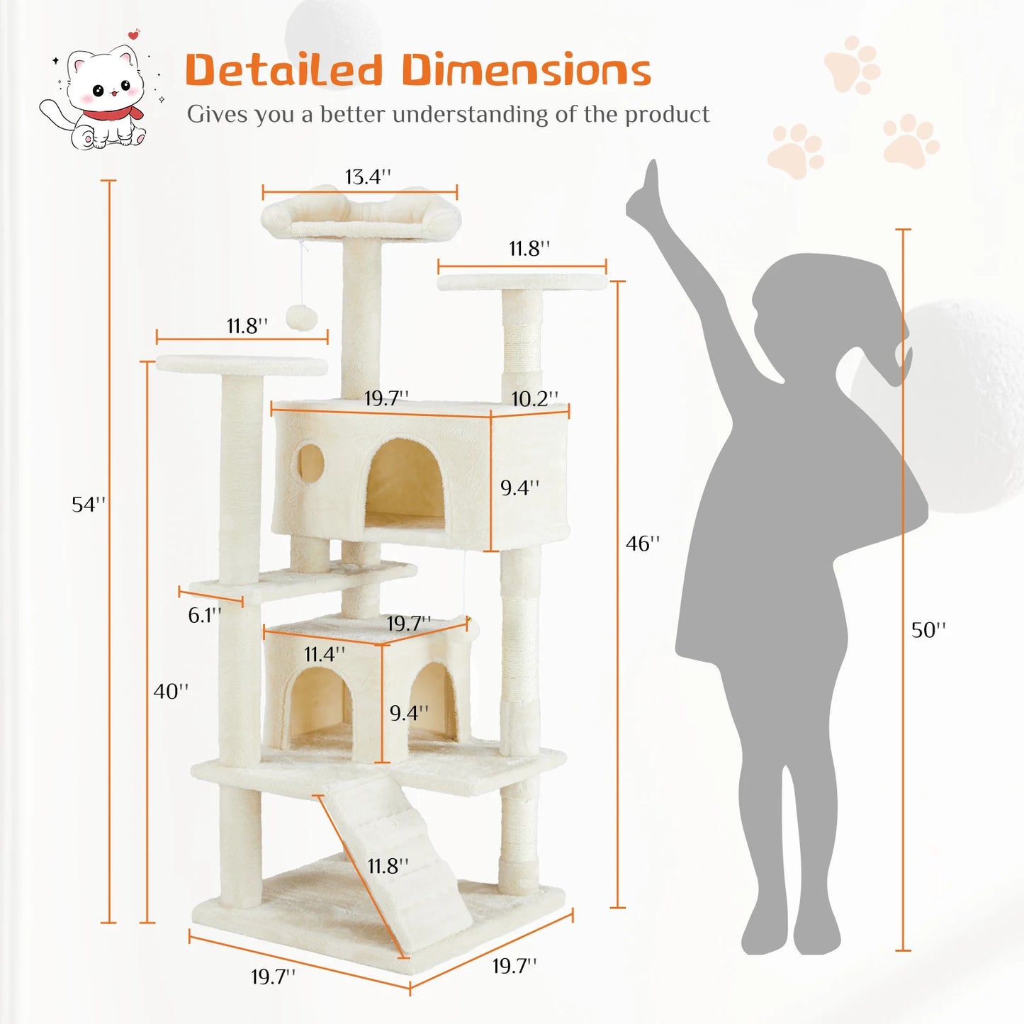 JHK 54” Tall Multi-Level Cat Tree Tower – Indoor Cat Playground with Sisal Scratching Posts, Cozy Condo, Perches & Sturdy Base