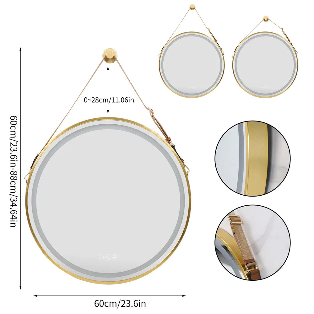 LUVODI Round Dimmable LED Bathroom Mirror – Fogless Smart Mirror with Black Gold Frame & Detachable Hanging Rope