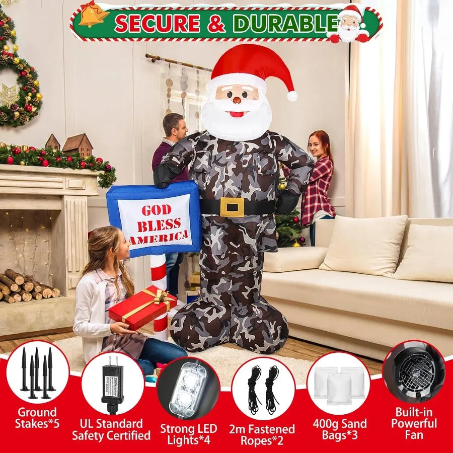 7FT Giant Inflatable Camouflage Santa Claus with Built-in LED Lights – Outdoor Christmas Decoration