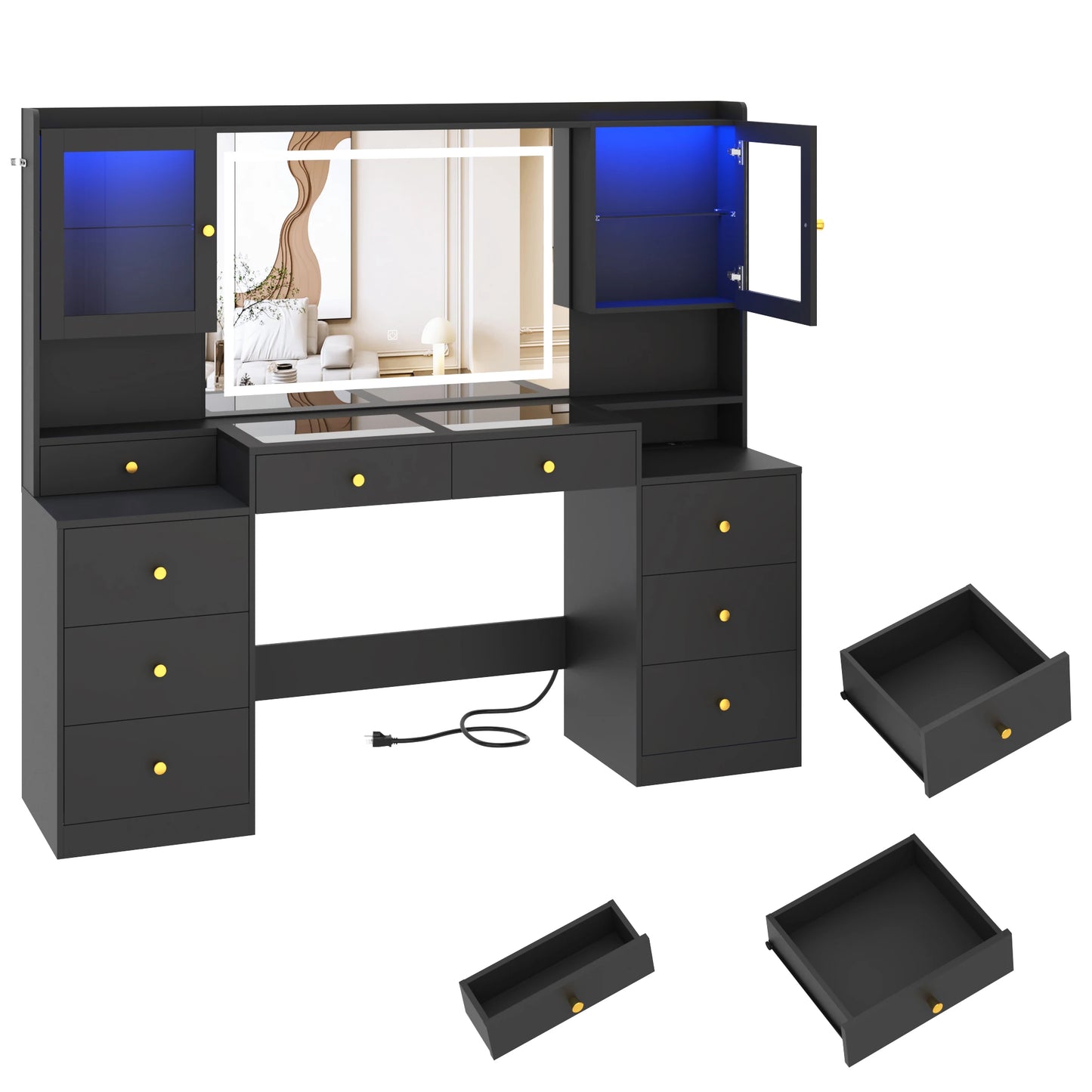 61.7" Large Vanity Desk with Mirror and Lights – Makeup Vanity with Charging Station, Sliding Drawers & Glass Door Cabinets